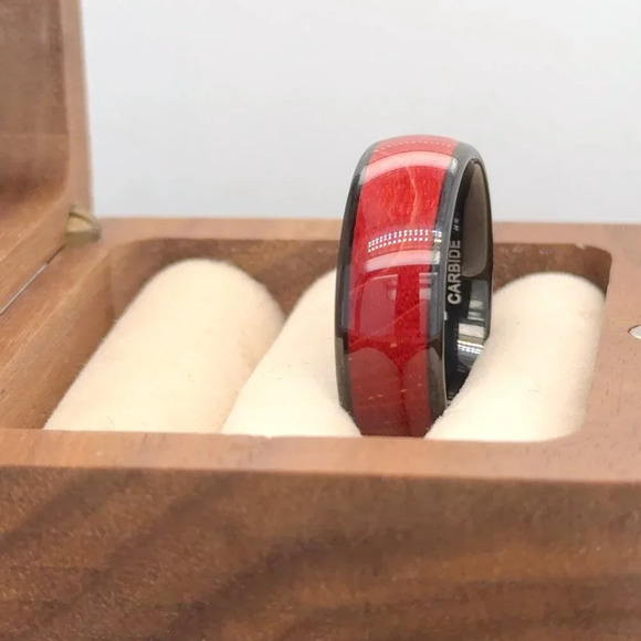 "Burl Wood Wood Inlay Black Tungsten Ring, GALTUN973 - Picture 1 of 3